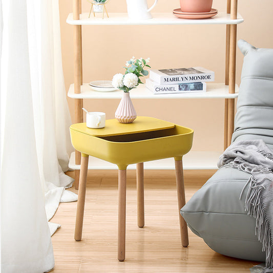 Modern Minimalist Square Desktop Plastic Nightstand With Solid Wood Legs 1-Drawer For Bedroom