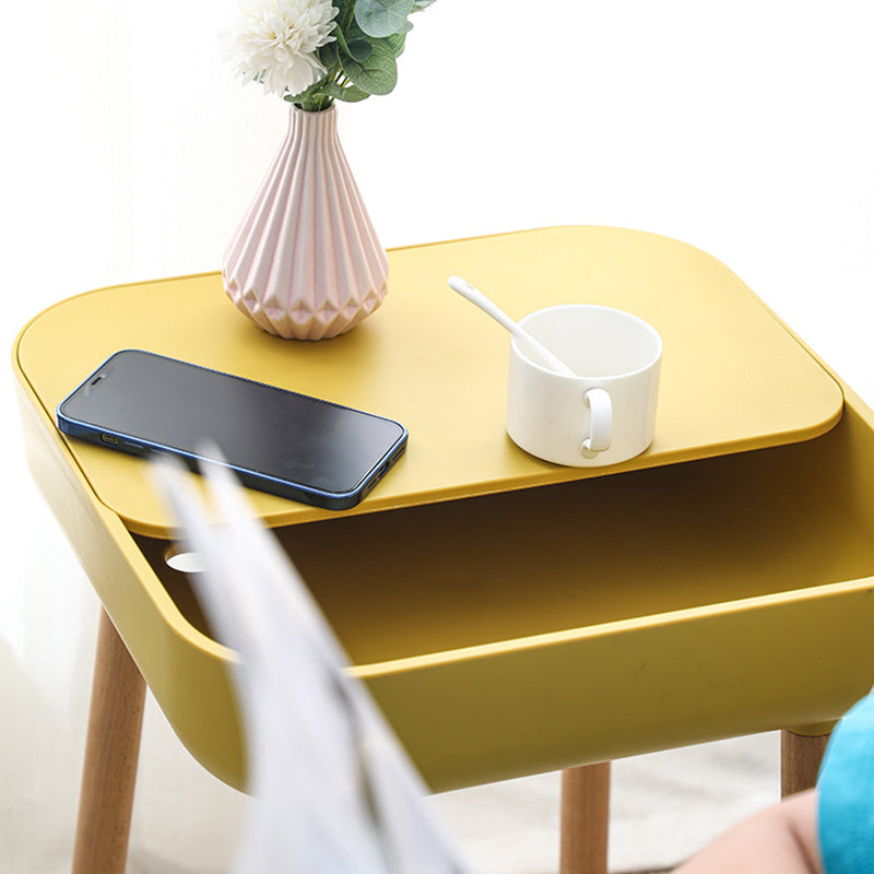 Modern Minimalist Square Desktop Plastic Nightstand With Solid Wood Legs 1-Drawer For Bedroom