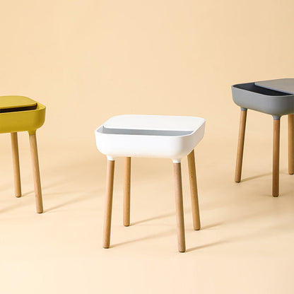 Modern Minimalist Square Desktop Plastic Nightstand With Solid Wood Legs 1-Drawer For Bedroom