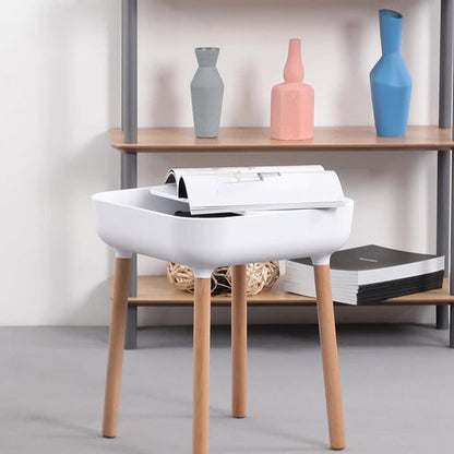 Modern Minimalist Square Desktop Plastic Nightstand With Solid Wood Legs 1-Drawer For Bedroom