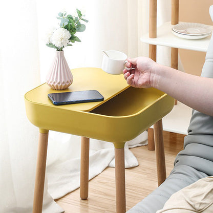 Modern Minimalist Square Desktop Plastic Nightstand With Solid Wood Legs 1-Drawer For Bedroom
