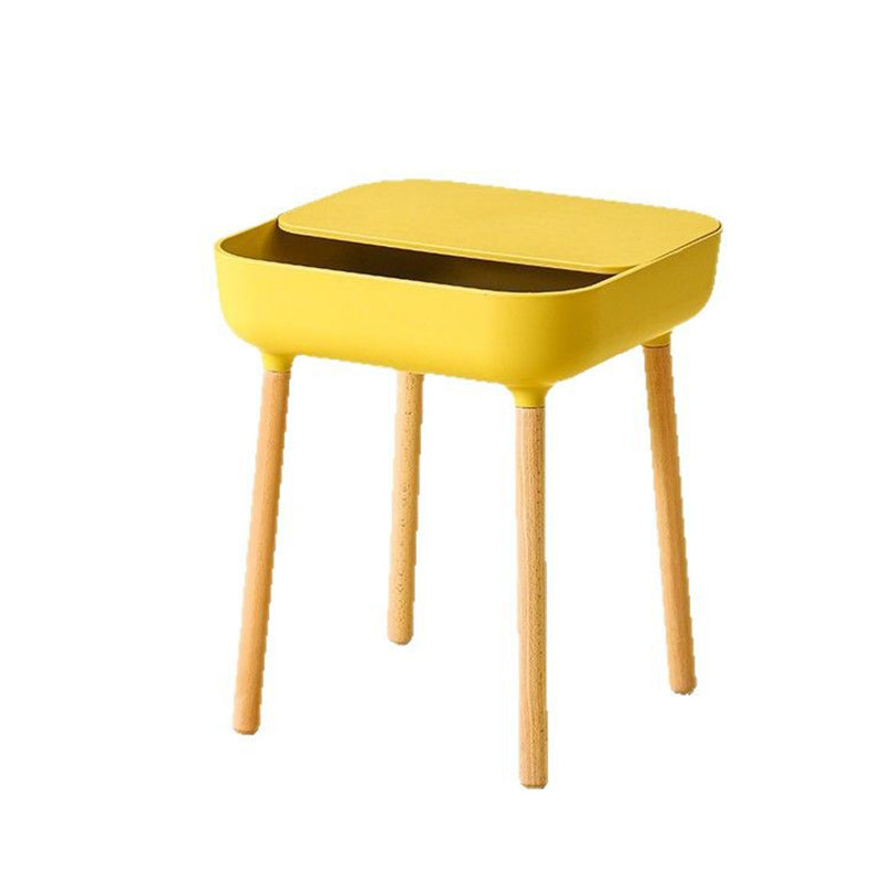 Modern Minimalist Square Desktop Plastic Nightstand With Solid Wood Legs 1-Drawer For Bedroom