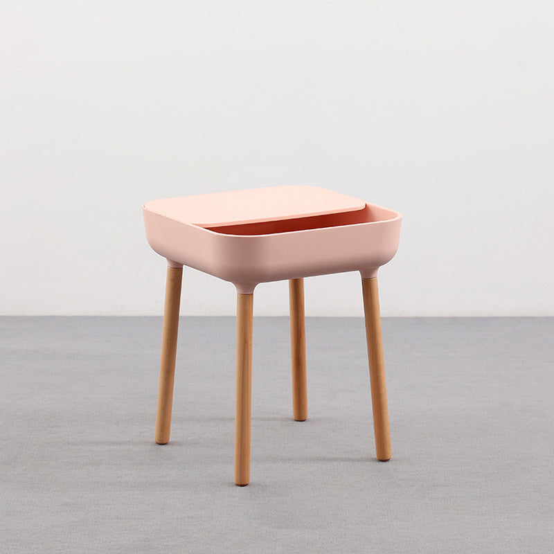 Modern Minimalist Square Desktop Plastic Nightstand With Solid Wood Legs 1-Drawer For Bedroom