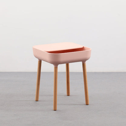 Modern Minimalist Square Desktop Plastic Nightstand With Solid Wood Legs 1-Drawer For Bedroom