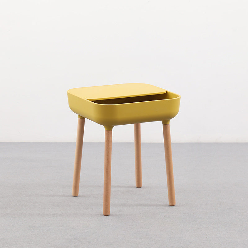 Modern Minimalist Square Desktop Plastic Nightstand With Solid Wood Legs 1-Drawer For Bedroom