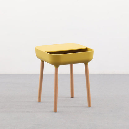 Modern Minimalist Square Desktop Plastic Nightstand With Solid Wood Legs 1-Drawer For Bedroom