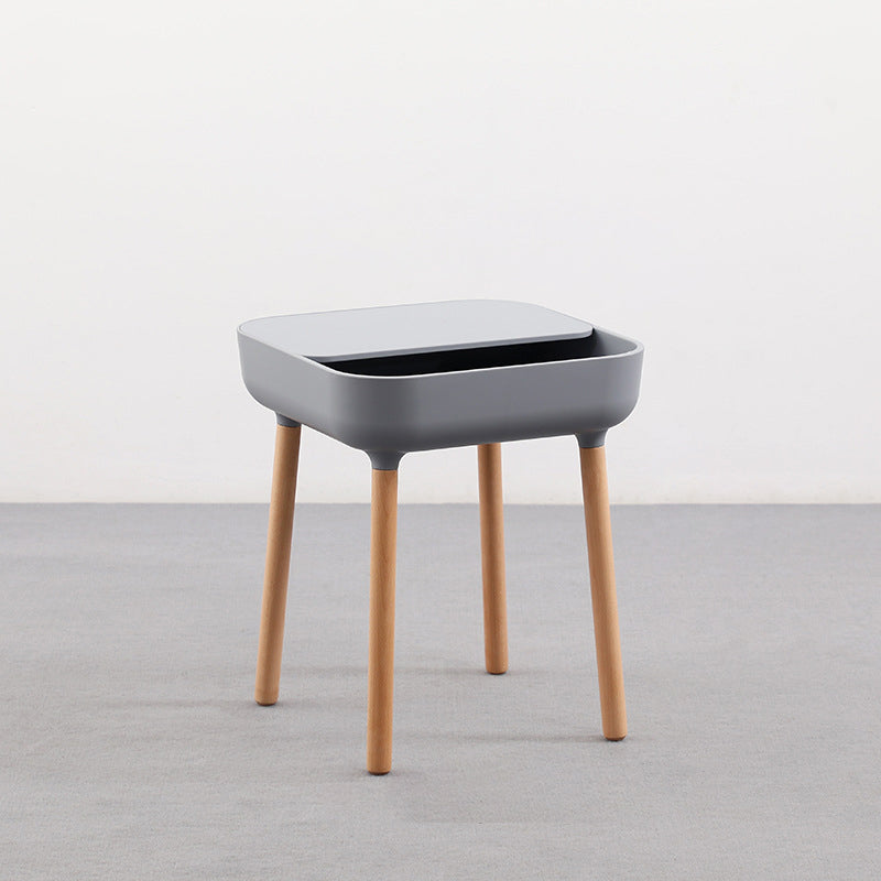 Modern Minimalist Square Desktop Plastic Nightstand With Solid Wood Legs 1-Drawer For Bedroom