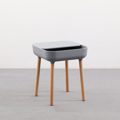 Modern Minimalist Square Desktop Plastic Nightstand With Solid Wood Legs 1-Drawer For Bedroom