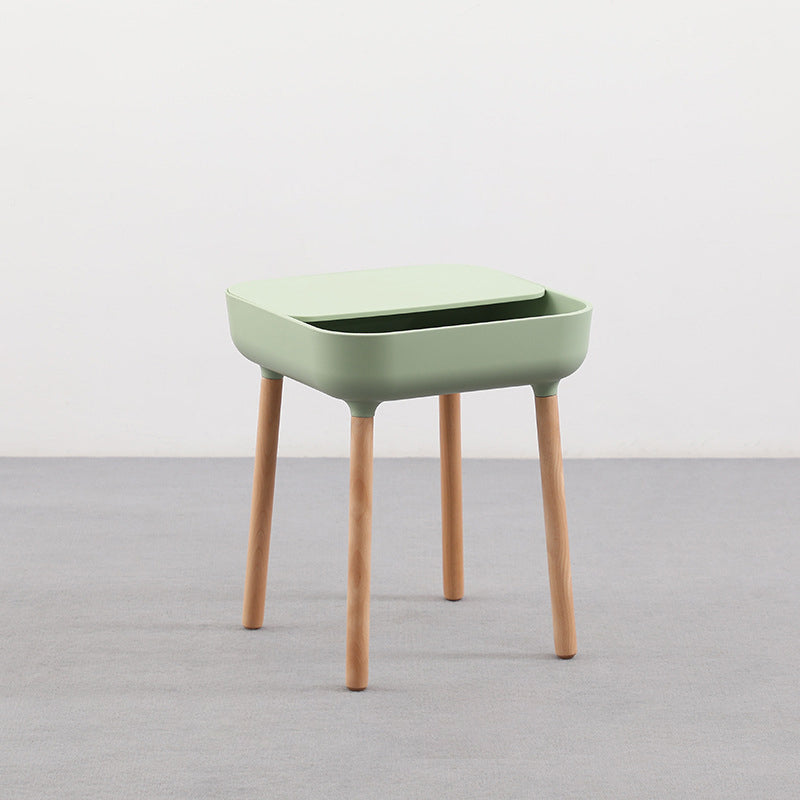 Modern Minimalist Square Desktop Plastic Nightstand With Solid Wood Legs 1-Drawer For Bedroom