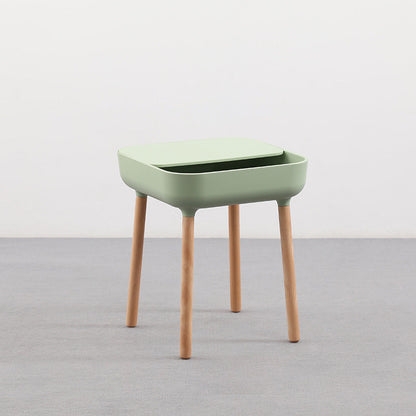 Modern Minimalist Square Desktop Plastic Nightstand With Solid Wood Legs 1-Drawer For Bedroom