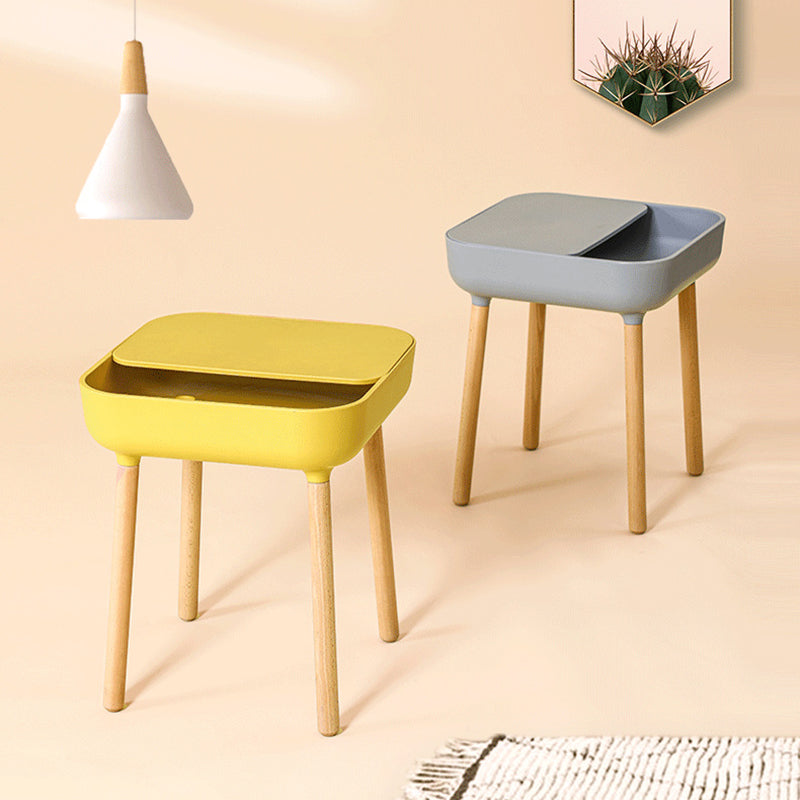 Modern Minimalist Square Desktop Plastic Nightstand With Solid Wood Legs 1-Drawer For Bedroom