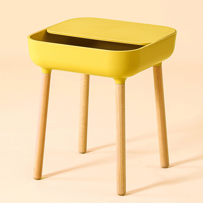 Modern Minimalist Square Desktop Plastic Nightstand With Solid Wood Legs 1-Drawer For Bedroom