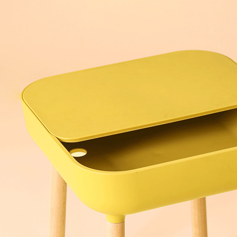 Modern Minimalist Square Desktop Plastic Nightstand With Solid Wood Legs 1-Drawer For Bedroom