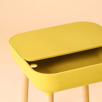 Modern Minimalist Square Desktop Plastic Nightstand With Solid Wood Legs 1-Drawer For Bedroom