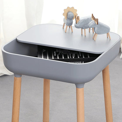 Modern Minimalist Square Desktop Plastic Nightstand With Solid Wood Legs 1-Drawer For Bedroom