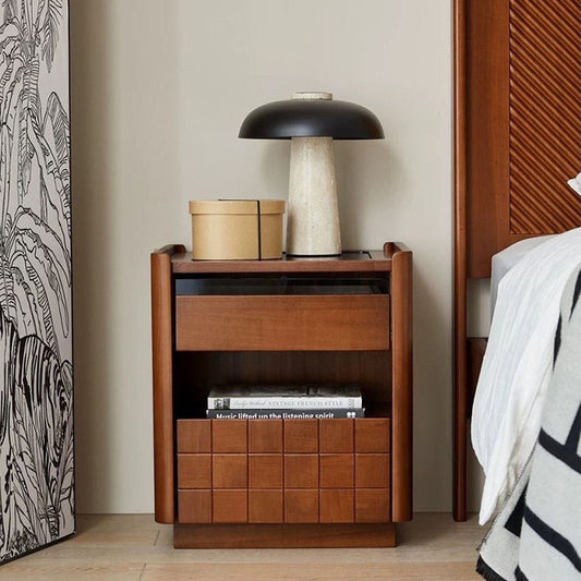 Traditional Vintage Square Pine Wood Cherry Wood Glass Metal Nightstand 2-Drawer For Bedroom