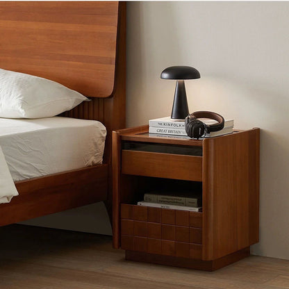 Traditional Vintage Square Pine Wood Cherry Wood Glass Metal Nightstand 2-Drawer For Bedroom