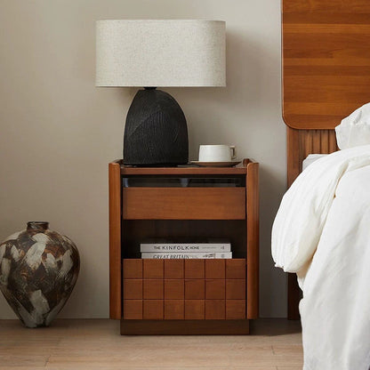 Traditional Vintage Square Pine Wood Cherry Wood Glass Metal Nightstand 2-Drawer For Bedroom