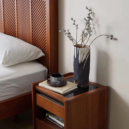 Traditional Vintage Square Pine Wood Cherry Wood Glass Metal Nightstand 2-Drawer For Bedroom