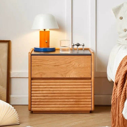 Modern Minimalist Square Rock Plate Pine Wood Cherry Wood Metal Nightstand 2-Drawer For Bedroom