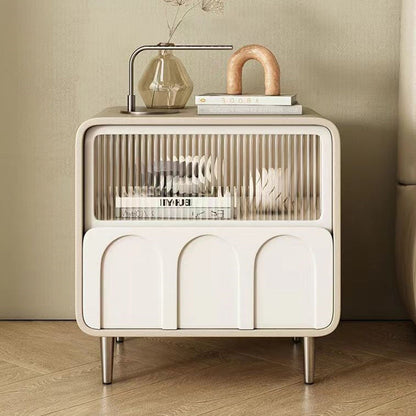Contemporary Luxury Square Microfiber Leather Fiberboard Pine Wood Glass Nightstand 1-Drawer For Bedroom