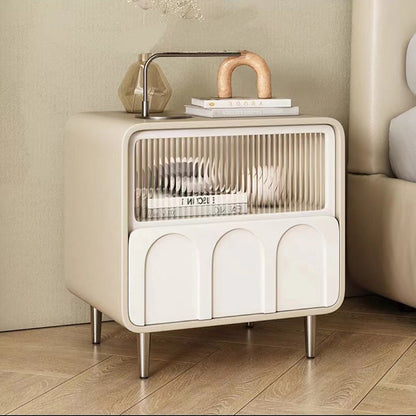 Contemporary Luxury Square Microfiber Leather Fiberboard Pine Wood Glass Nightstand 1-Drawer For Bedroom