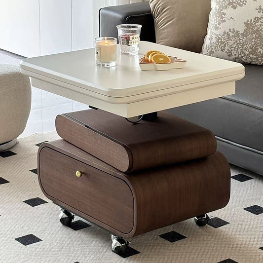 Traditional Vintage Foldable Rectangular Solid Wood Metal Movable Rotatable Coffee Table 2-Drawer For Bedroom