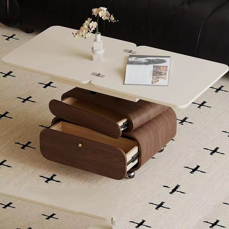 Traditional Vintage Foldable Rectangular Solid Wood Metal Movable Rotatable Coffee Table 2-Drawer For Bedroom