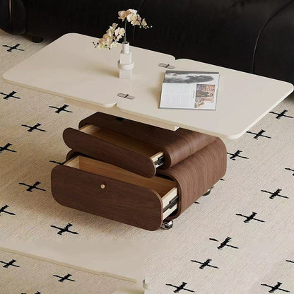 Traditional Vintage Foldable Rectangular Solid Wood Metal Movable Rotatable Coffee Table 2-Drawer For Bedroom