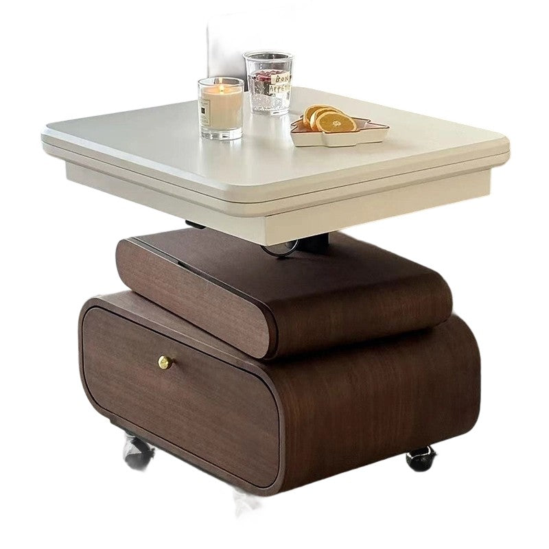 Traditional Vintage Foldable Rectangular Solid Wood Metal Movable Rotatable Coffee Table 2-Drawer For Bedroom
