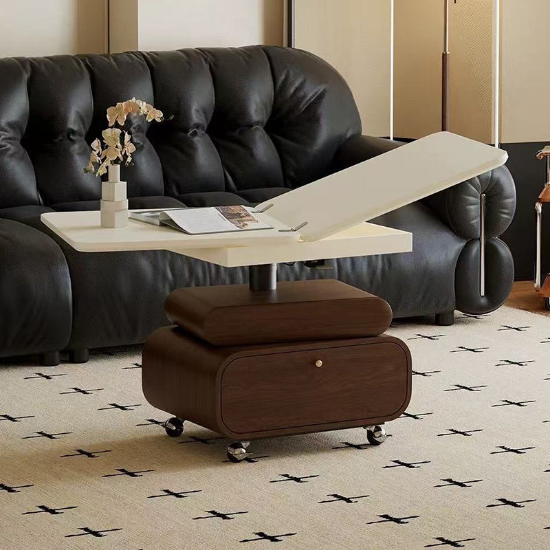 Traditional Vintage Foldable Rectangular Solid Wood Metal Movable Rotatable Coffee Table 2-Drawer For Bedroom
