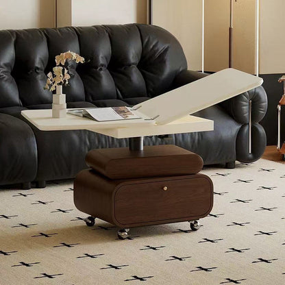 Traditional Vintage Foldable Rectangular Solid Wood Metal Movable Rotatable Coffee Table 2-Drawer For Bedroom