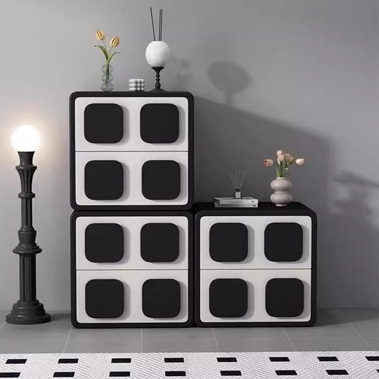 Modern Minimalist Square Solid Wood Faux Leather Metal Nightstand 2-Drawer For Bedroom