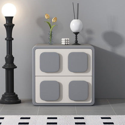 Modern Minimalist Square Solid Wood Faux Leather Metal Nightstand 2-Drawer For Bedroom