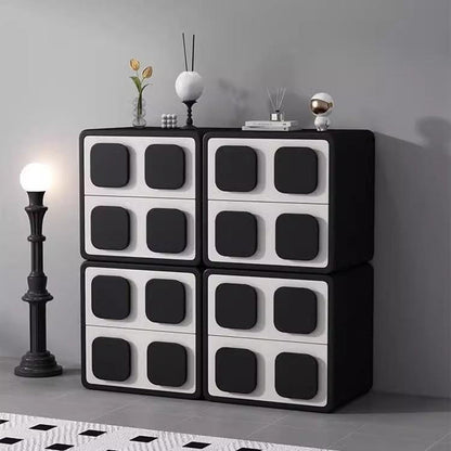 Modern Minimalist Square Solid Wood Faux Leather Metal Nightstand 2-Drawer For Bedroom