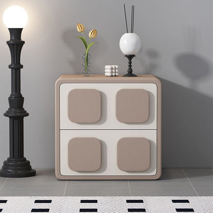 Modern Minimalist Square Solid Wood Faux Leather Metal Nightstand 2-Drawer For Bedroom