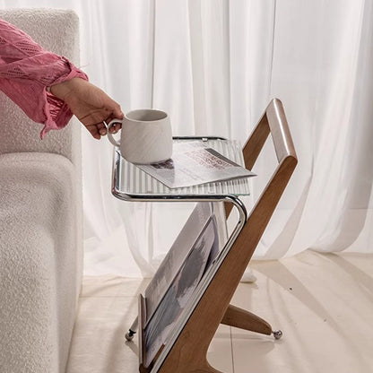 Modern Minimalist Z-Shape Rubberwood Iron Glass End Table 2-Tier For Bedroom