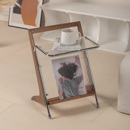 Modern Minimalist Z-Shape Rubberwood Iron Glass End Table 2-Tier For Bedroom