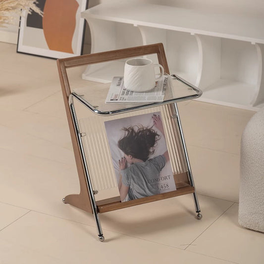 Modern Minimalist Z-Shape Rubberwood Iron Glass End Table 2-Tier For Bedroom