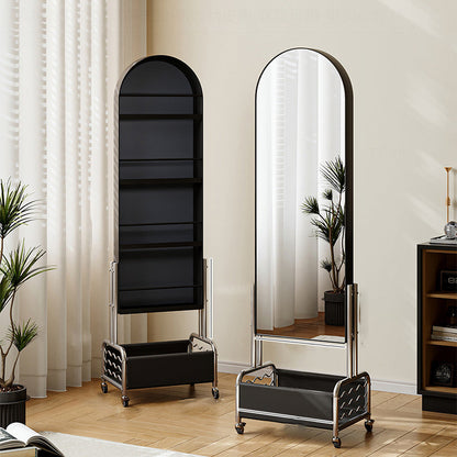 Modern Minimalist Movable Rotatable Oval Carbon Steel Faux Leather Glass Mirror Bookshelf 1-Basket For Bedroom