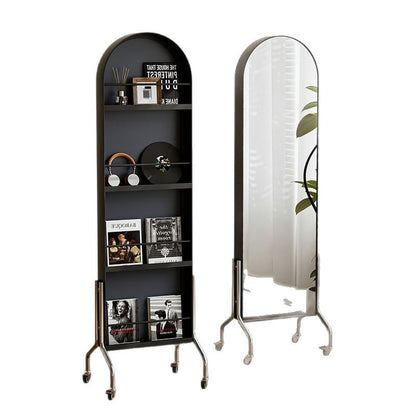 Modern Minimalist Movable Rotatable Oval Carbon Steel Faux Leather Glass Mirror Bookshelf 1-Basket For Bedroom
