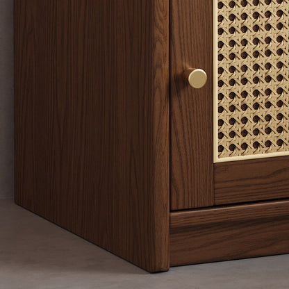 Moderner minimalistischer quadratischer Nachttisch mit Safe aus Gummibaumholz, Stahl und Rattan-Geflecht, 1 Schublade für das Schlafzimmer 