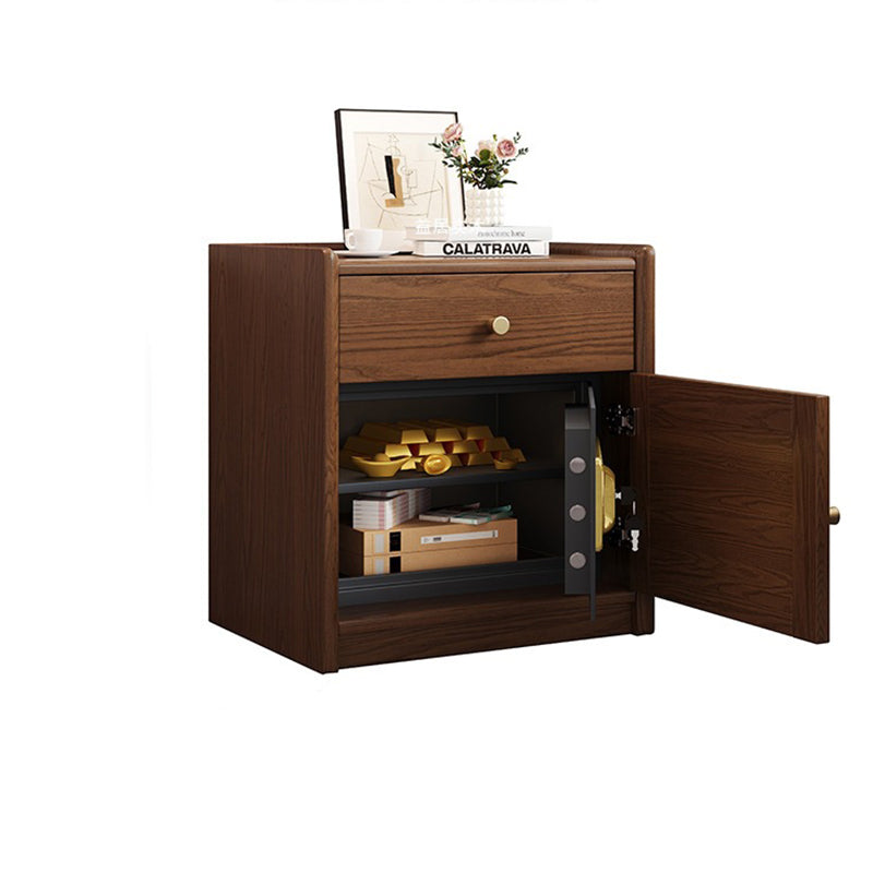 Moderner minimalistischer quadratischer Nachttisch mit Safe aus Gummibaumholz, Stahl und Rattan-Geflecht, 1 Schublade für das Schlafzimmer 