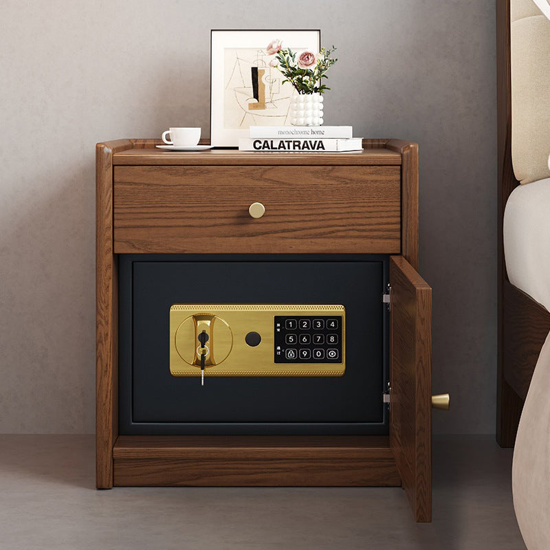 Moderner minimalistischer quadratischer Nachttisch mit Safe aus Gummibaumholz, Stahl und Rattan-Geflecht, 1 Schublade für das Schlafzimmer 