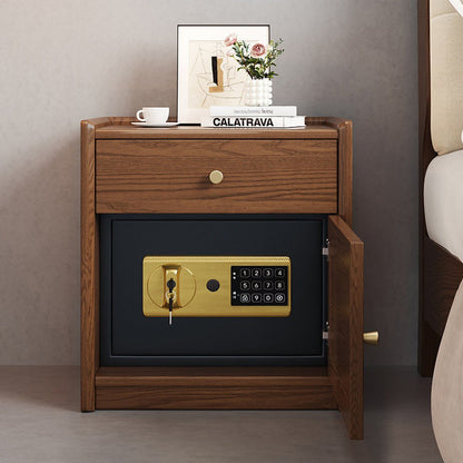 Moderner minimalistischer quadratischer Nachttisch mit Safe aus Gummibaumholz, Stahl und Rattan-Geflecht, 1 Schublade für das Schlafzimmer 