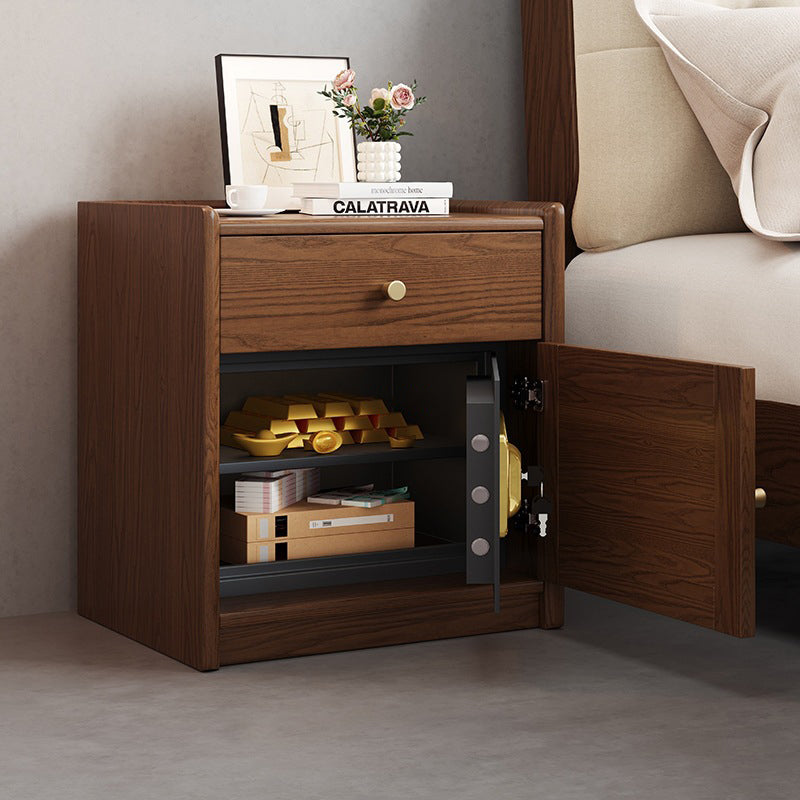 Moderner minimalistischer quadratischer Nachttisch mit Safe aus Gummibaumholz, Stahl und Rattan-Geflecht, 1 Schublade für das Schlafzimmer 