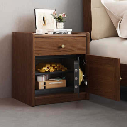 Moderner minimalistischer quadratischer Nachttisch mit Safe aus Gummibaumholz, Stahl und Rattan-Geflecht, 1 Schublade für das Schlafzimmer 