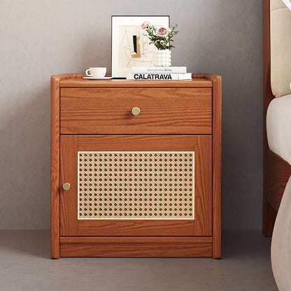 Moderner minimalistischer quadratischer Nachttisch mit Safe aus Gummibaumholz, Stahl und Rattan-Geflecht, 1 Schublade für das Schlafzimmer 