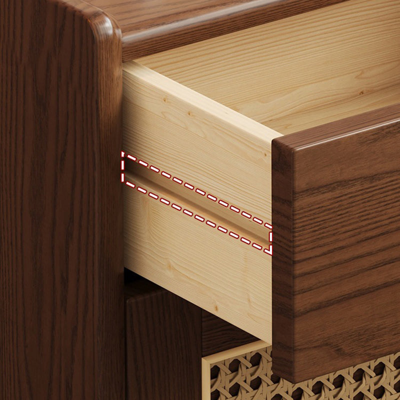 Moderner minimalistischer quadratischer Nachttisch mit Safe aus Gummibaumholz, Stahl und Rattan-Geflecht, 1 Schublade für das Schlafzimmer 