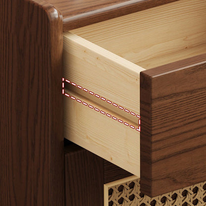 Moderner minimalistischer quadratischer Nachttisch mit Safe aus Gummibaumholz, Stahl und Rattan-Geflecht, 1 Schublade für das Schlafzimmer 